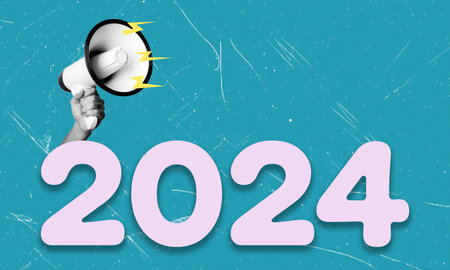 Modern art collage with image of new year 2024 and megaphone in hand. Concept of new year...