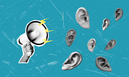 Time for a business meeting. Modern art collage depicting human ears and a hand holding a megaphone on a blue background. Briefing time. Concept of work, business.の写真素材