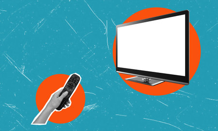 TV refusal, cable refusal, no streaming, hand with remote, TV with no signal. The concept of news on...
