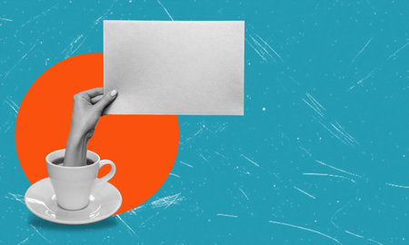 Contemporary art collage depicting a hand with a sign and a cup of coffee. Copy space for advertising, text and design.の写真素材
