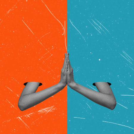 Modern Artistic Collage, Women's Palms in Lotus Pose. Yoga and Sports Concept.の写真素材