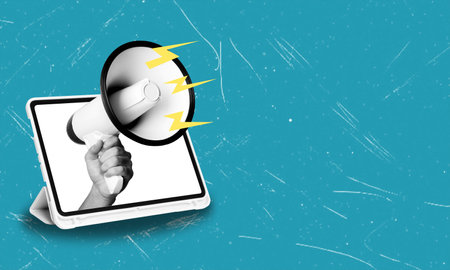 Contemporary art collage of hands sticking out of a tablet screen with a megaphone, isolated on a blue background. Concept of online communication, news, information. A place for ad copyの写真素材