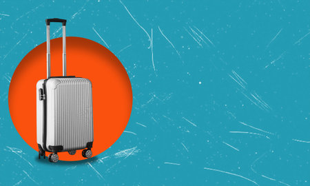 A modern artistic collage featuring a solitary suitcase on a blue background within an orange circle. The concept of travel and tourism.の写真素材