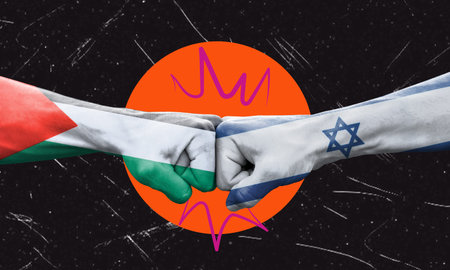 Contemporary art collage depicting the fists of Israel and Palestine on a blue background. Concept of conflict and resistance.の写真素材