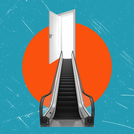 Modern art collage shows a staircase and an open door at the top-the concept of success or stairs to the last journey.の写真素材