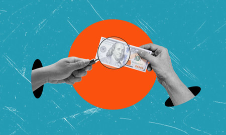 A fashionable, modern art collage featuring a female hand holding a one hundred dollar bill enlarged with a magnifying glass. Contemporary design. Authenticity verification of money.の写真素材