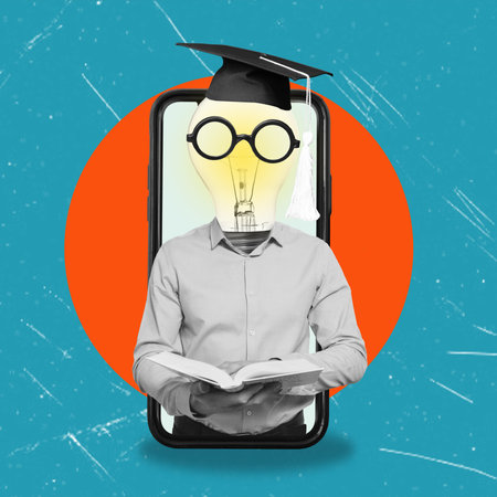 A creative collage poster featuring an active, intelligent, and diligent male student with a light bulb in place of his head, holding a book from a smartphone in his hands. The concept conveys education and knowledge.の写真素材
