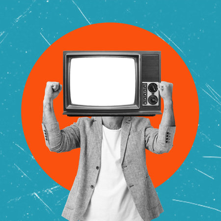 A contemporary artistic collage depicting a man with a television instead of a head in the background. The concept of propaganda and advertising on television.の写真素材