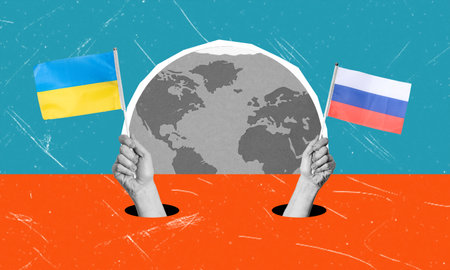 Modern art collage depicting the Flag of Russia and Ukraine on the background of the planet earth. The concept of conflict and resistance.の写真素材