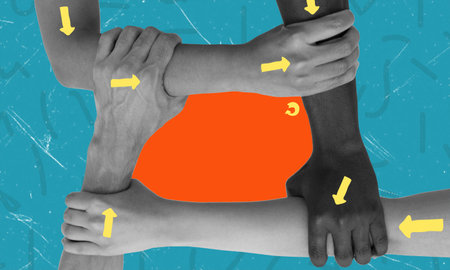 Contemporary artistic collage featuring multiple hands holding each other. The concept of teamwork and growth in synergyの写真素材