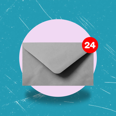 Modern art collage featuring a letter envelope on a blue background. Concept of correspondence with partners.の写真素材