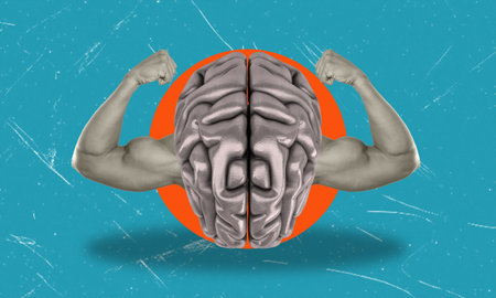 Modern art collage depicting human brain and strong arms behind the background. The concept of a smart brain.の写真素材