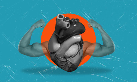 Contemporary art collage featuring heart and strong hands in the background. The concept of a strong and healthy heart.の写真素材
