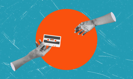 Contemporary artistic collage depicting a hand holding a vintage audio cassette. The concept of old technology.の写真素材