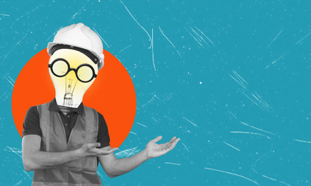 Abstract modern collage. Worker in protective helmet and vest. A light bulb instead of a head....
