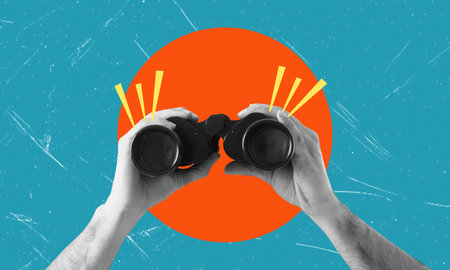 Planning and analytics, art collage. Hands holding binoculars on blue background with orange circle. Concept of analytics and business.の写真素材