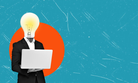 A contemporary artistic collage featuring an image of a man in a business suit with a laptop and a lightbulb in place of his head. The concept of a smart businessman on a blue background with space for text.の写真素材