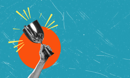 A contemporary artistic collage featuring a hand holding a trophy. The concept of victory and achievement.の写真素材