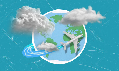 A contemporary artistic collage depicting an airplane flying around the Earth, representing the concept of travel and tourism.の写真素材