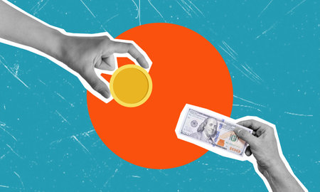 Digital collage of contemporary art. Hand giving and receiving money on blue background. Concept of finance and business.の写真素材
