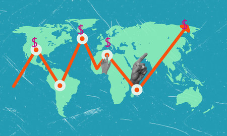 The end of economic stagnation and the beginning of global economic development. A chart of the Earth with the rise of the dollar on the world stage. The concept is about economic growth.の写真素材