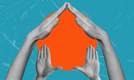Art collage, female hands in the shape of a house. The concept of one's home.の写真素材