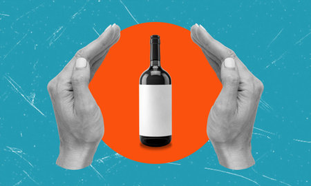 Contemporary art collage. Image of two hands and a bottle of wine, Tasting. Relax and drink wine. Holiday concept, alcoholic beverage, winery, artworkの写真素材