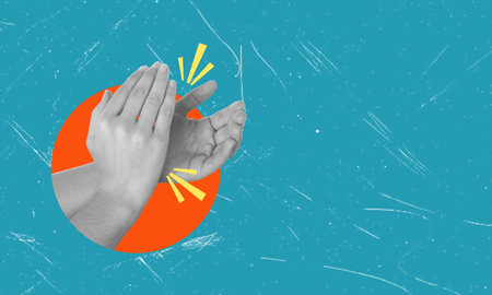 Art collage, clapping palms on blue background with space for text. Concept of victory and applauseの写真素材