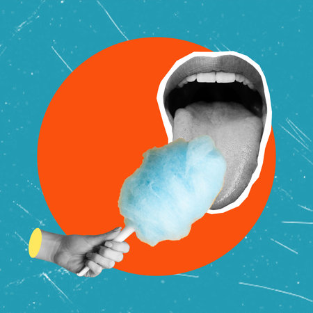 Art collage, mouth and cotton candy. The concept of junk food and sweet food.の写真素材