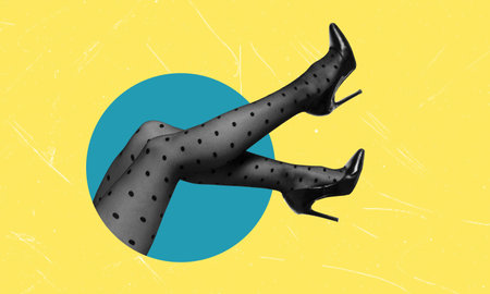 Art collage, beautiful women's legs from a circle on a blue background, Advertising concept.の写真素材