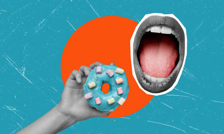 Vertical collage depicting the toothy smile of a man biting his mouth while holding a large mouth-watering donut. The concept of unhealthy and delicious food.の写真素材