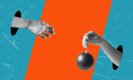 Creative collage drawing collage picture of hands with a Christmas tree toy ball. The concept of...