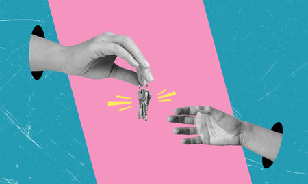 A big businessman hands over the key to the house. Art collage, hand with keys.