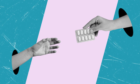 Art collage a hand with pills passing them to another hand on a blue background. Concept of science and medical care.の写真素材