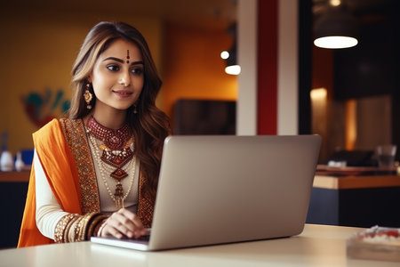 Portrait of a beautiful, young and intelligent student of Indian-Asian descent in national dress. Smiling while working on her laptop. Generative AIの素材