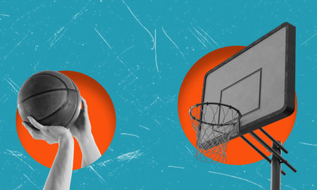 Modern art collage depicting a man's hand with a basketball into a basket on a blue background. Online game concept. Copy space for advertisingの写真素材