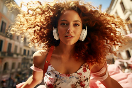 Cheerful girl wearing wireless headphones singing and listening to music. The concept of a good mood.の素材