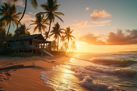 A hut near the sea at sunset in the tropics. The concept of recreation and tourism.の素材