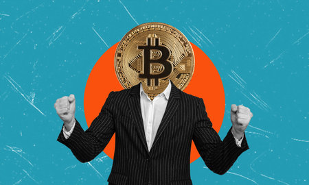 Exchange rates, stock quotes and business. Man in black suit with bitcoin sign instead of head. Collage of modern art.の写真素材
