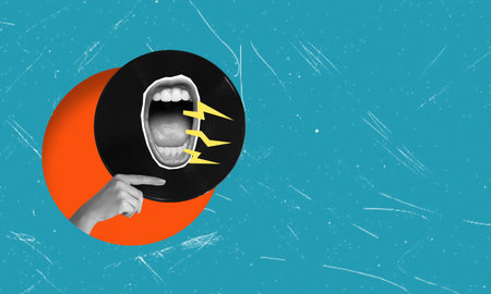 Contemporary art collage. Female mouth singing on retro vinyl record isolated on blue background. Concept of creativity, surrealism, colorful design, advertisingの写真素材