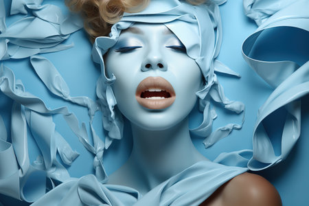 A close-up portrait of a young woman with blue skin and full lips. Futuristic background. Passionate woman. Generative AI.の素材