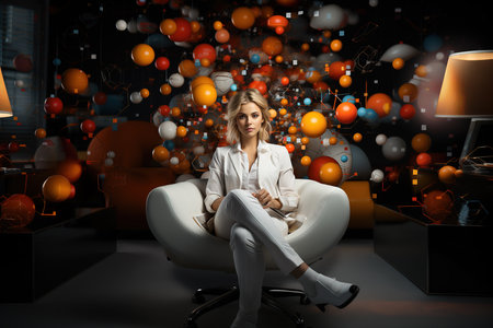 A businesslike and serious young woman in a white suit is sitting in a chair against a futuristic background. The concept of a business lady. Generative AI.の素材