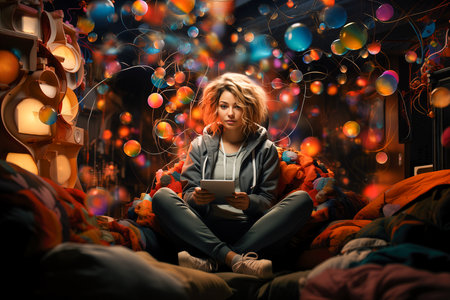 A young girl of 20 years old in casual clothes is sitting in an armchair, holding a computer in her hands. Works on a laptop computer, highlighted against a futuristic background. Generative AI.の素材