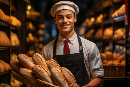 Portrait of a handsome seller in uniform standing with bread at the bakery shop. Business development concept. Generative AI.の素材
