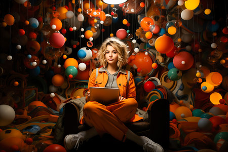 A young girl of 20 years old in casual clothes is sitting in an armchair, holding a computer in her hands. Works on a laptop computer, highlighted against a futuristic background. Generative AI.の素材
