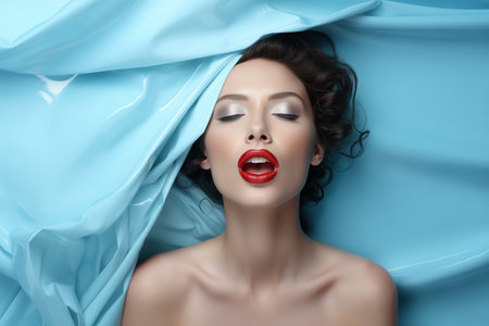 Close-up portrait of a young and beautiful woman with full red lips. Futuristic background. Passionate woman. Generative AI.の素材