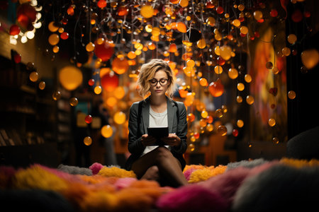 A young girl of 20 years old in casual clothes is sitting in an armchair, holding a computer in her hands. Works on a laptop computer, highlighted against a futuristic background. Generative AI.の素材