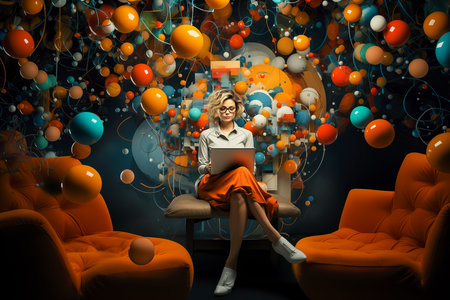 A young girl of 20 years old in casual clothes is sitting in an armchair, holding a computer in her hands. Works on a laptop computer, highlighted against a futuristic background. Generative AI.の素材