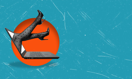 Modern art collage. Beautiful legs, manager, sticking out of laptop screen, isolated on blue background. Online negotiation. Concept of business, art, creativity, success, advertisingの写真素材