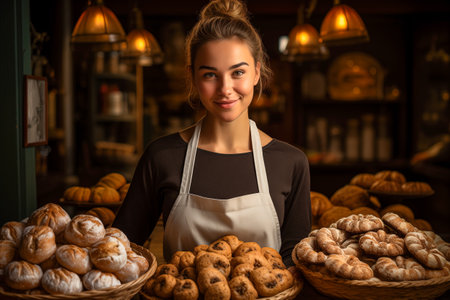 A businesswoman with a bakery in the background of bakery windows, a girl working in a cafe. Business concept and promotion of her bakery.の素材
